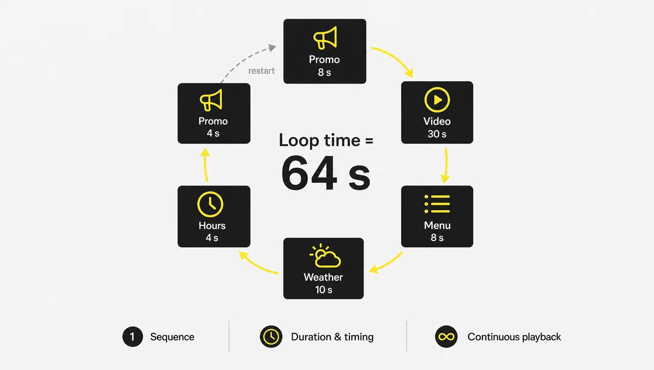 Content loop diagram with six playlist items adding up to a 64-second loop time.