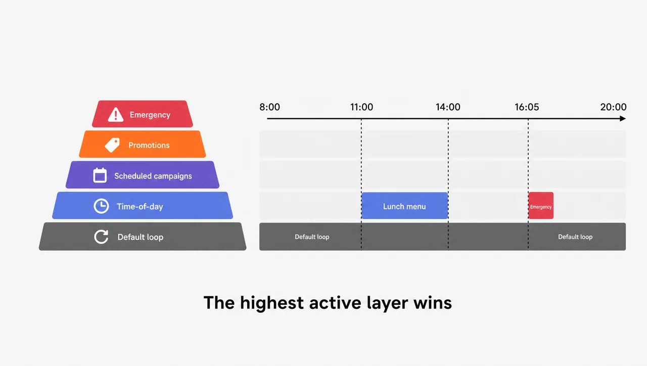 Playlist loop versus scheduled content shown as priority layers on a daily timeline.