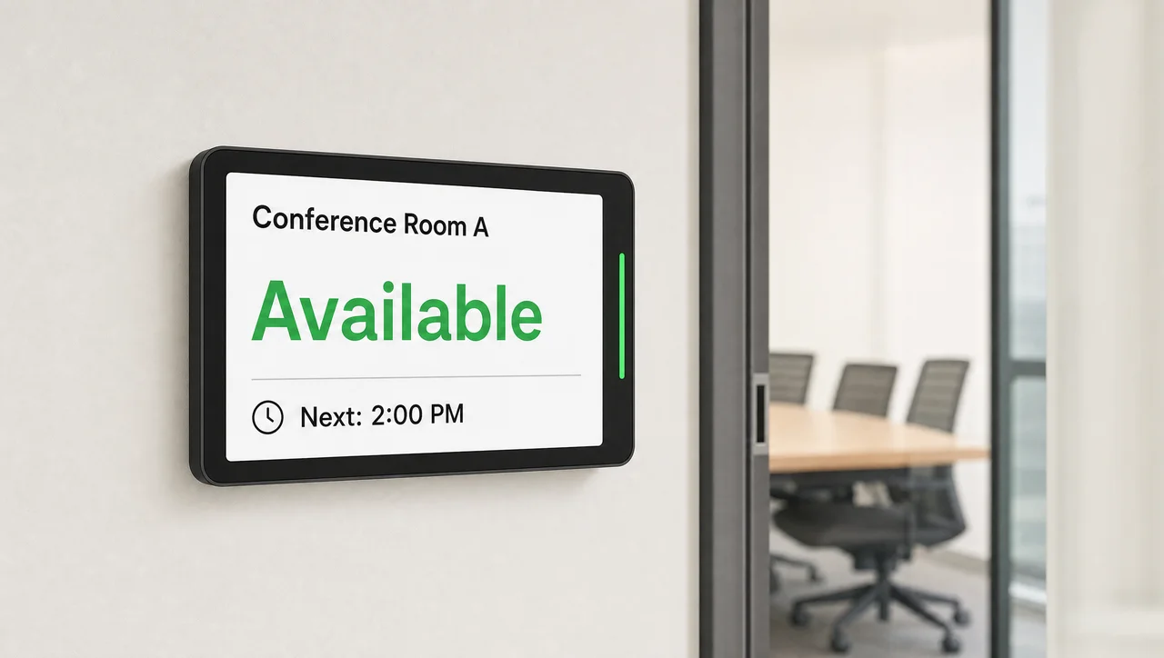 Meeting room screen by a door showing availability and next booking