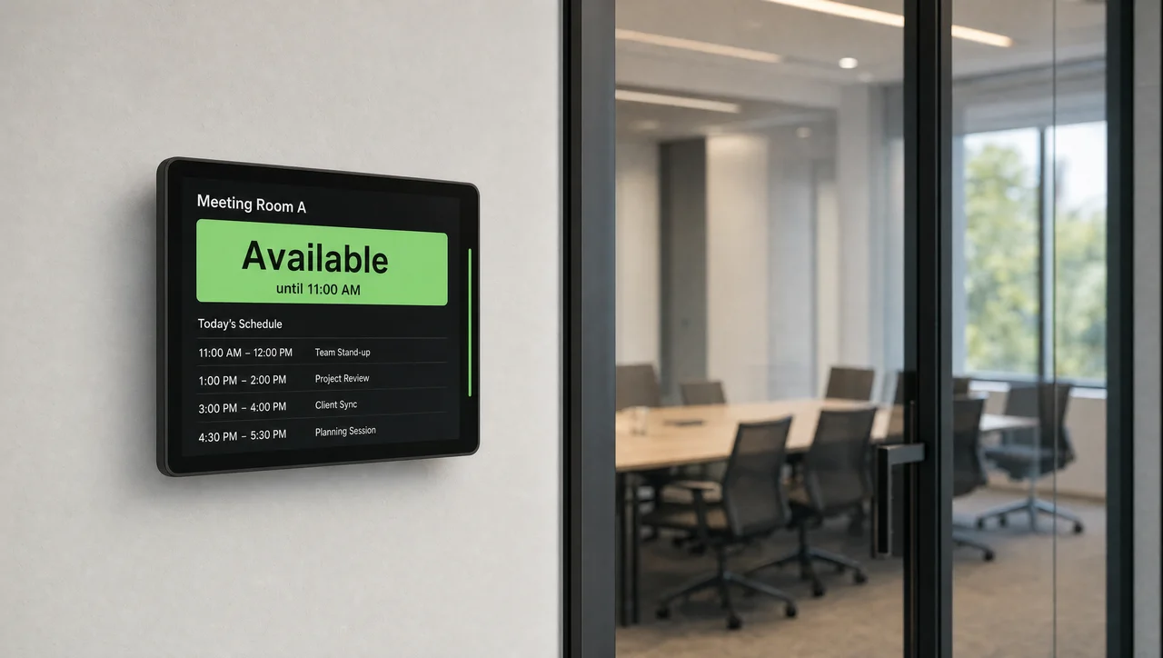 Screen outside a meeting room showing today's bookings