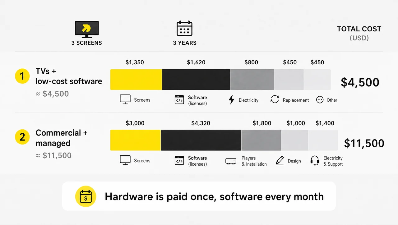 How much a digital menu board costs over 3 years for three screens: consumer TVs at about $4,500 versus commercial displays at about $11,500.