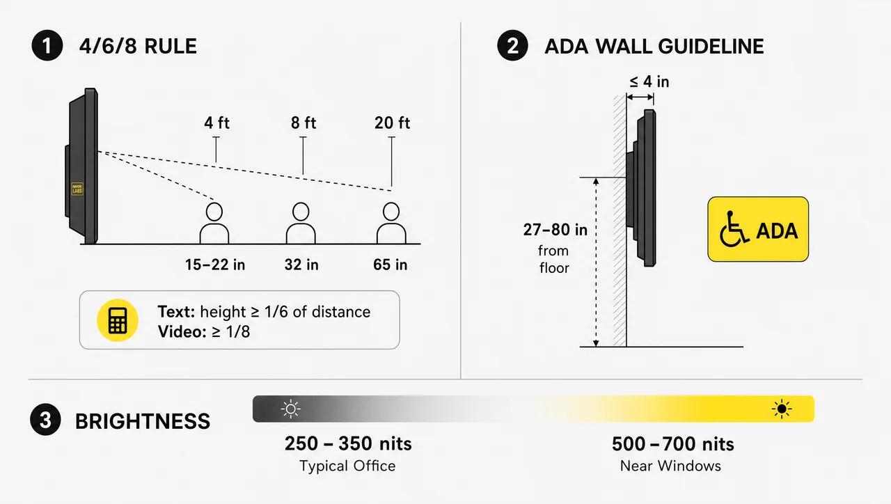 Office screen placement guide with screen size by viewing distance, ADA mounting height, and brightness.