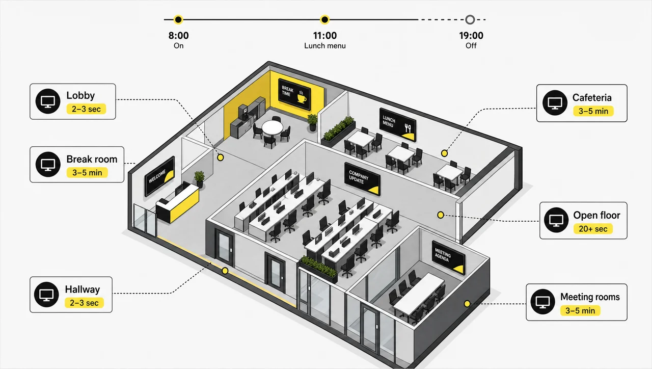 Digital signage in office spaces mapped by zone, from the lobby and break room to meeting rooms and hallways.