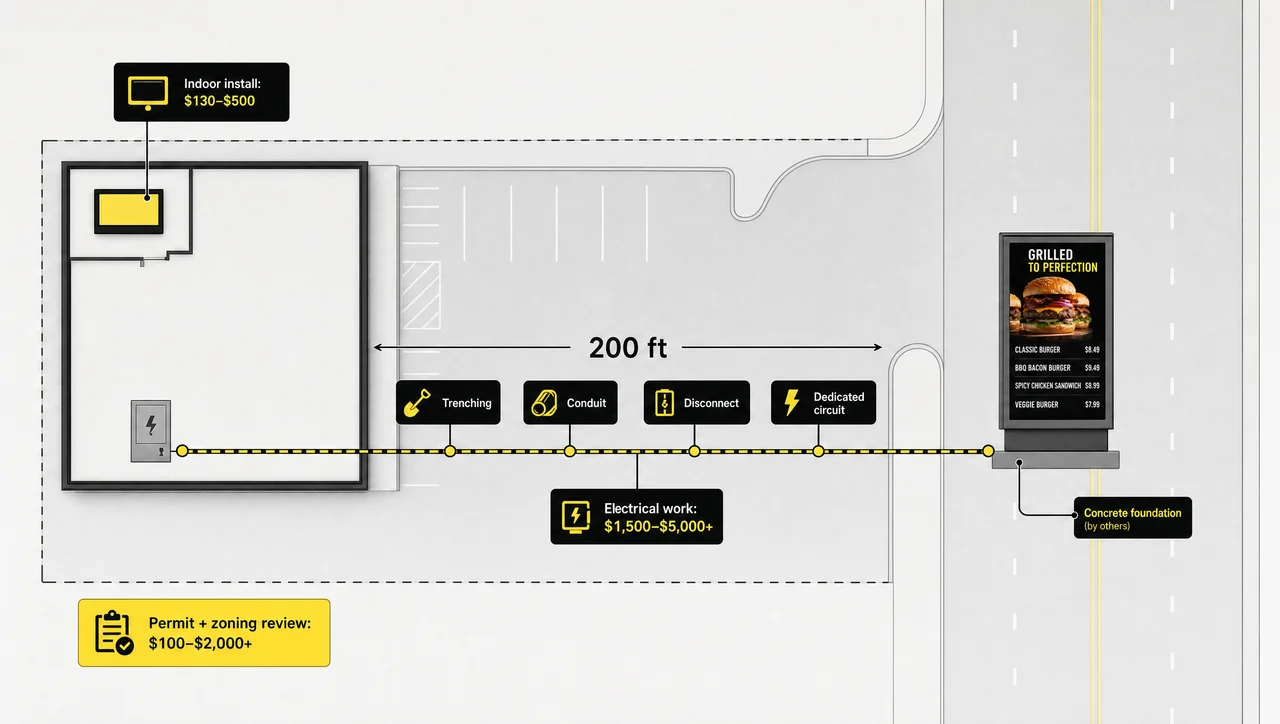 Site plan showing trenching distance from the electrical panel to an outdoor LED sign, with permit, foundation and electrical cost callouts.