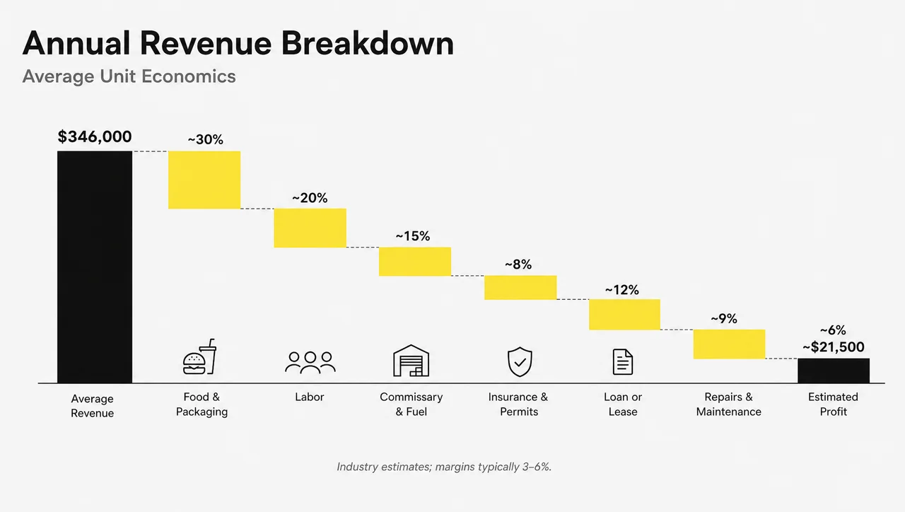 Owning a food truck business: how $346,000 in yearly revenue turns into about $21,500 profit, showing typical food truck margins of 3–6 percent.