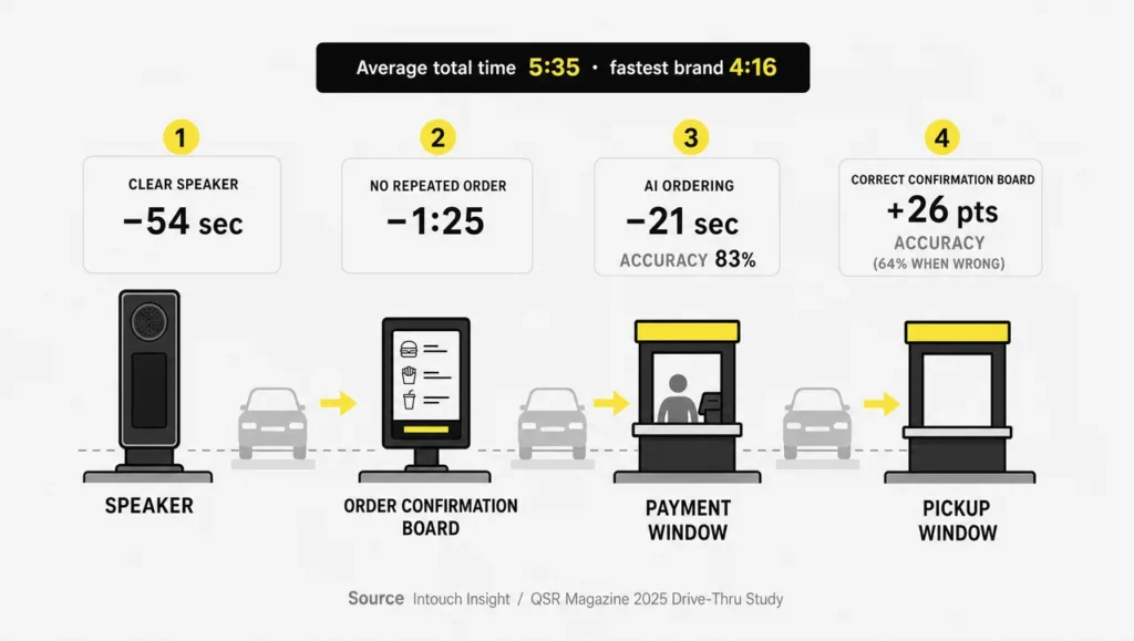 Best QSR benchmarks among POS software providers shown on a drive-thru lane with seconds saved by a clear speaker, an order confirmation board and AI ordering.