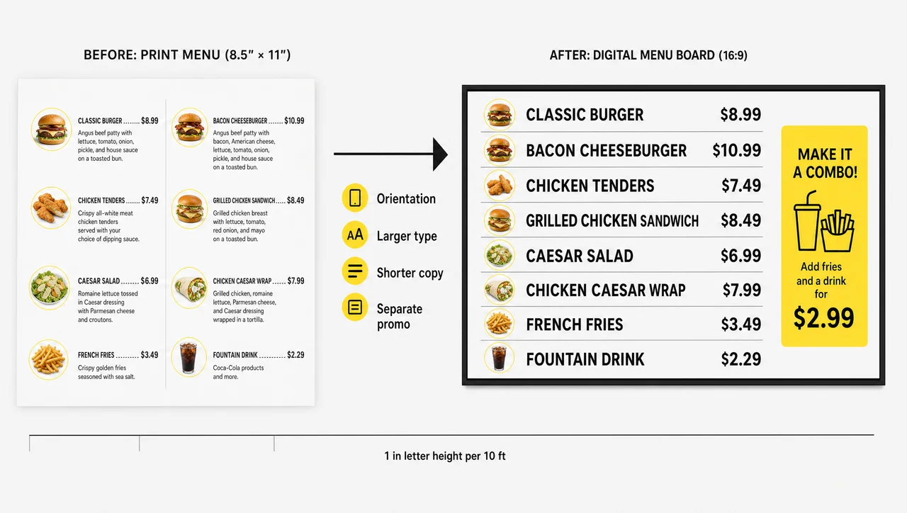 Printed menu turned into a menu screen side by side with larger type, one line per dish and a separate promo zone for a counter display.