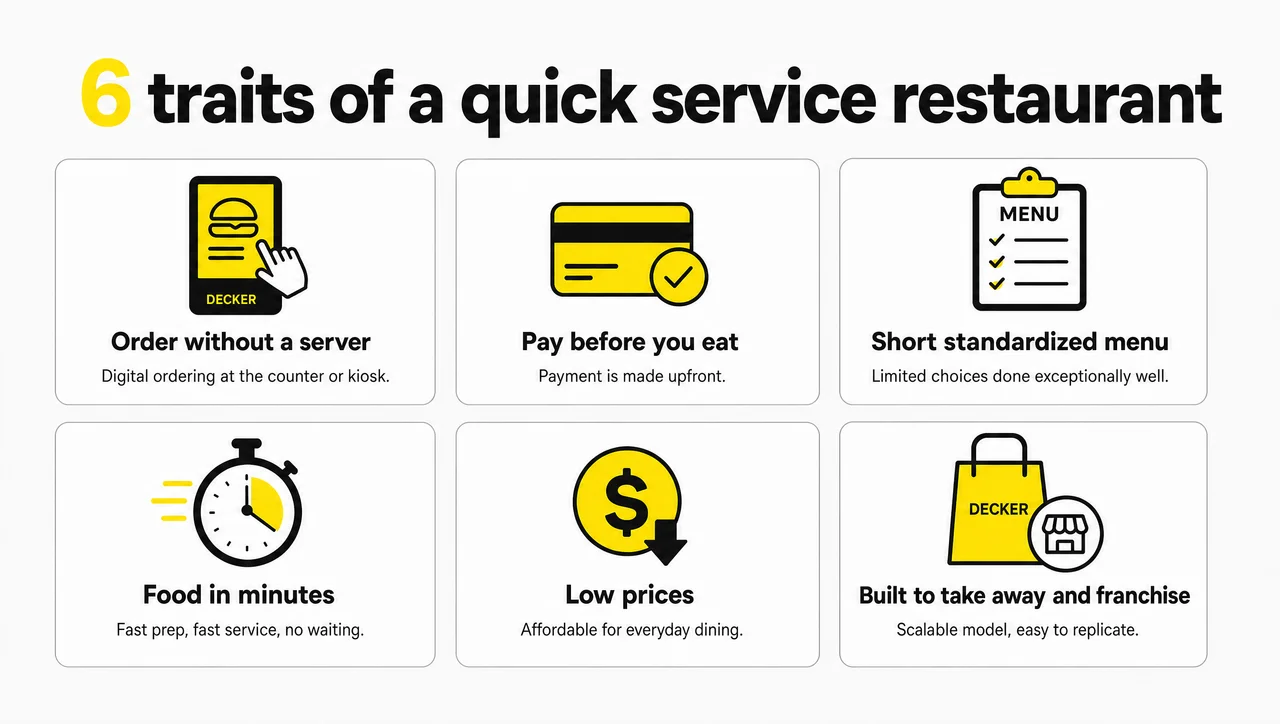 Six traits of a QSR restaurant, from ordering without a server to a short standardized menu and food in minutes.