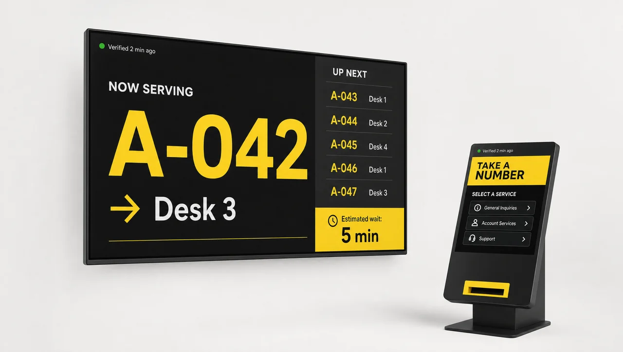 Teller-line screen in a bank branch showing queue numbers