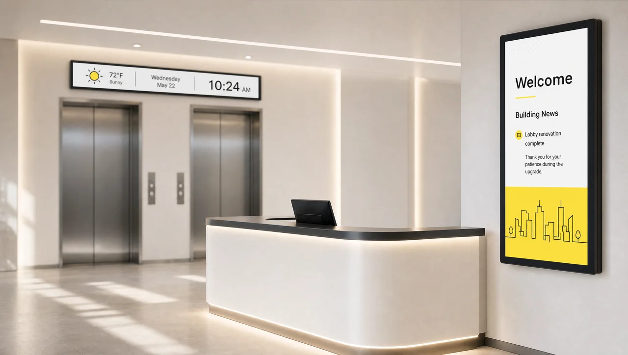 Reception screen welcoming visitors next to an elevator bank