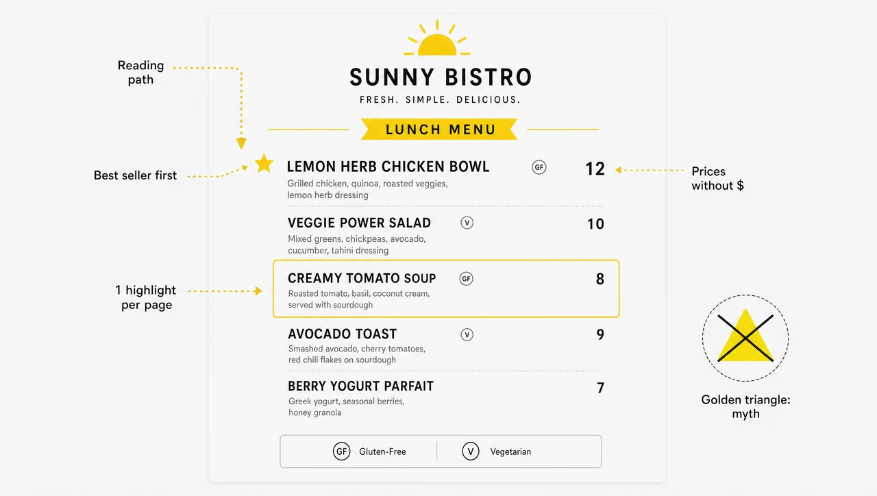 Annotated restaurant menu layout example with best sellers first in each section, prices without dollar signs, one highlighted dish and an allergen legend.