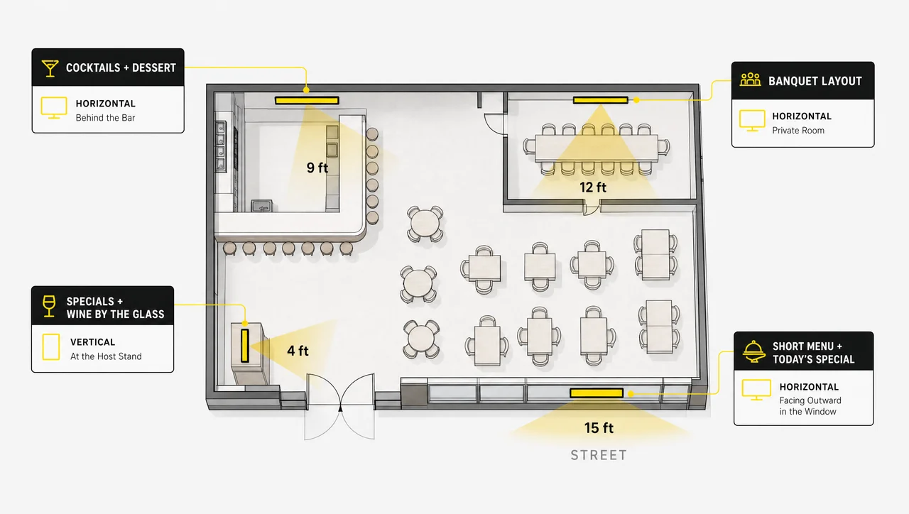 Floor plan of a full-service restaurant showing four digital menu board placements: host stand, bar, private dining room and window.