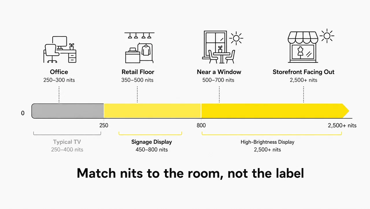 TV nits vs signage display nits by room, from offices to street-facing windows.