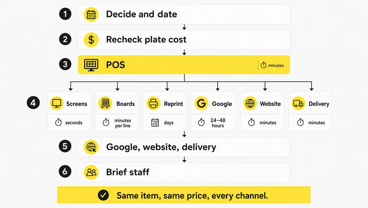 Six steps to update a menu for a restaurant from the POS to changeable menu boards, printed menus, Google, delivery apps and a staff briefing.