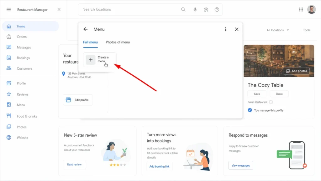 Empty Google menu editor with the Create a menu button for a restaurant that has no menu on its Business Profile yet.