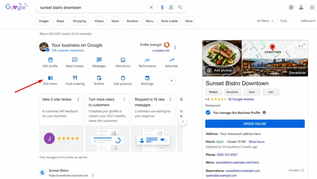 Edit menu button in the Google Business Profile panel above search results, the first step to update a restaurant menu on Google