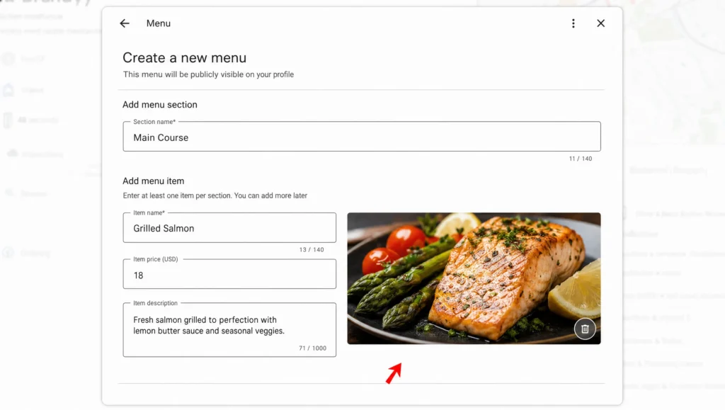 Adding a Main Course menu section with its first dish, price and photo in the Google menu editor.