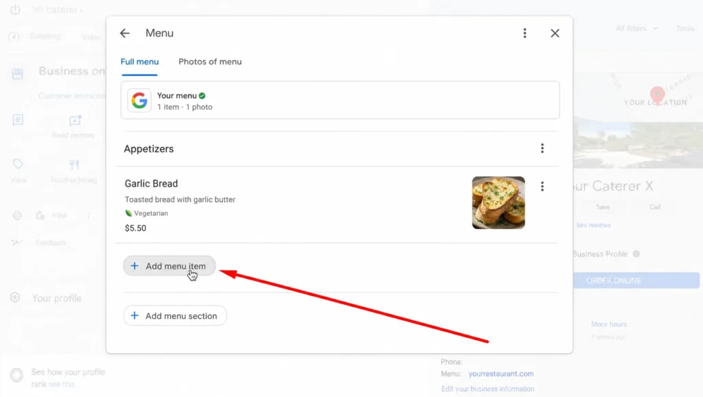 Google menu with an appetizers section and the Add menu item button used to add dishes to a restaurant menu.