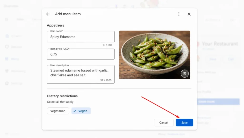 Add menu item form in Google Business Profile with a dish name, price, description, photo and vegan label before saving.