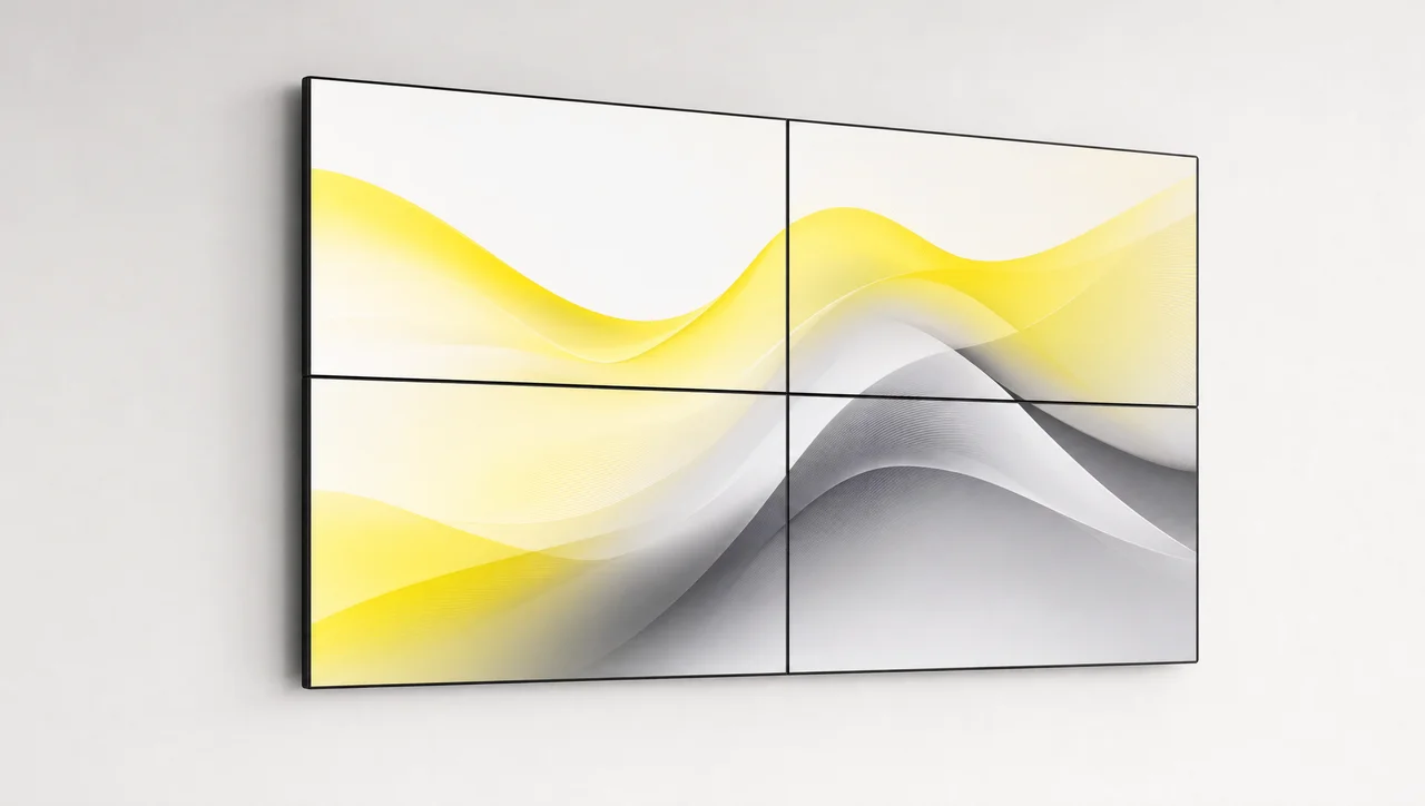 Video wall of four displays showing one brand image in an office lobby