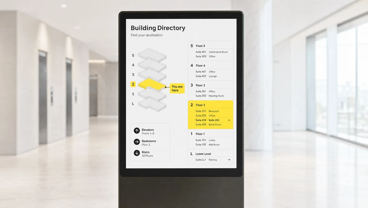 Wayfinding screen with a floor directory and a You are here map