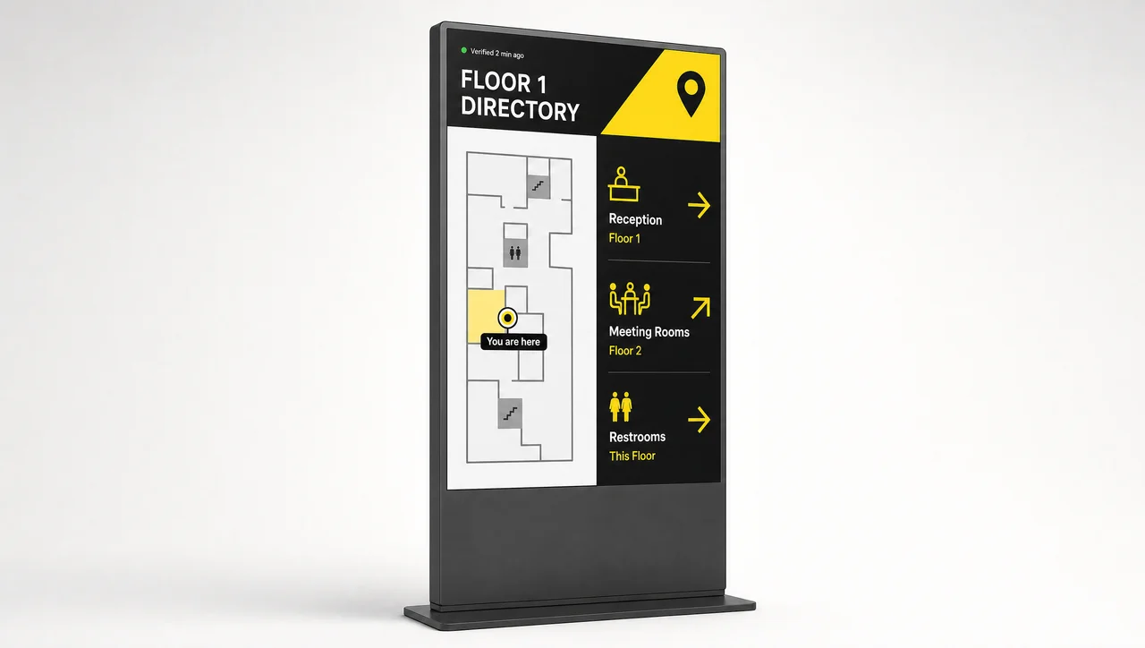 Digital directory screen by the elevator in a multi-floor bank branch