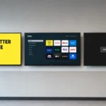 Digital signage software that works with any TV: three identical TVs the morning after a power cut, one playing content, one on the home screen, one showing no signal.