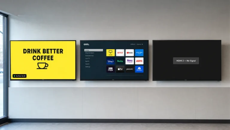 Digital signage software that works with any TV: three identical TVs the morning after a power cut, one playing content, one on the home screen, one showing no signal.