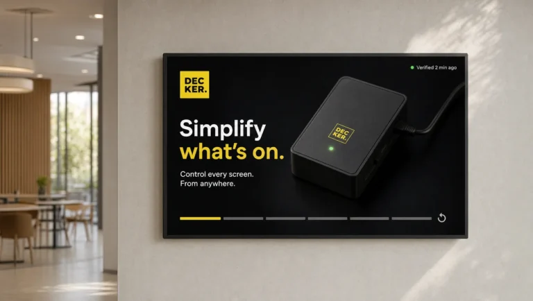 What is a loop playlist in digital signage shown on a café wall screen with a progress bar and verified status.