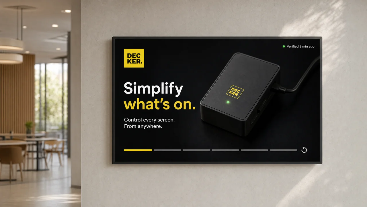 What is a loop playlist in digital signage shown on a café wall screen with a progress bar and verified status