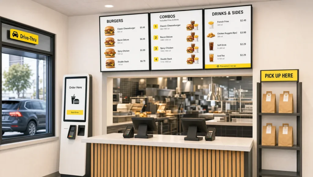 QSR means quick service restaurant, a counter-service format with digital menu boards, a self-order kiosk and a drive-thru window.