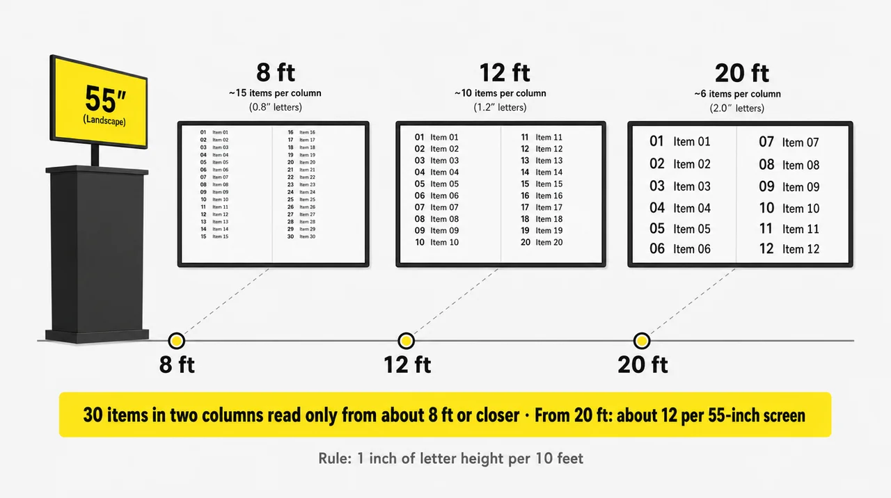 How many menu items a 55-inch TV shows readably from 8, 12 and 20 feet: about 15, 10 and 6 per column.
