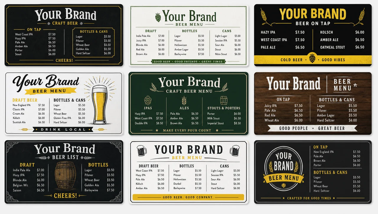 Template for a bar's drinks list with cocktails and happy hour prices on a dark background