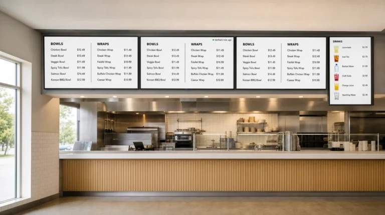 Best TV for a restaurant menu: three matching 55-inch LED screens and a vertical drinks screen above an order counter, readable from the back of the line.