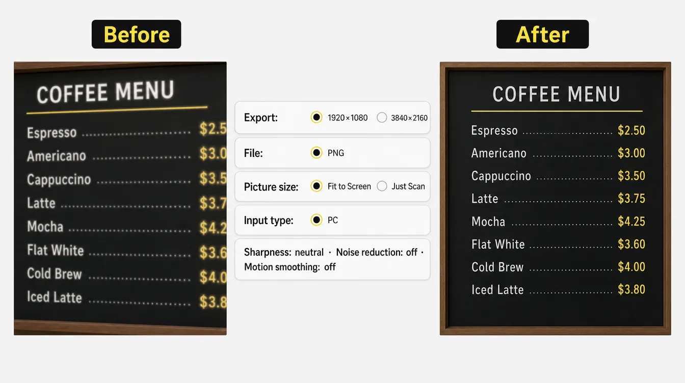 Blurry menu text on a TV fixed: overscan off, exact-resolution PNG, PC input mode and neutral sharpness make prices sharp edge to edge.