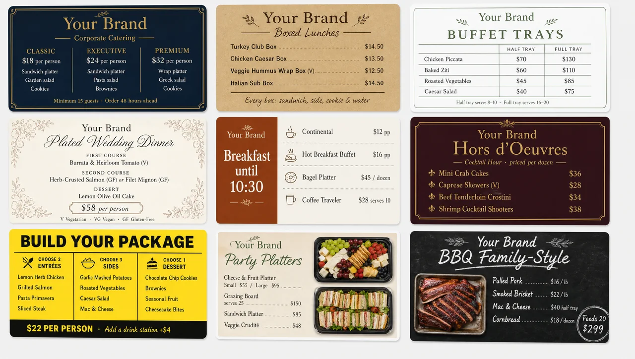 Grid of catering menu template layouts with package tier and per-person price blocks