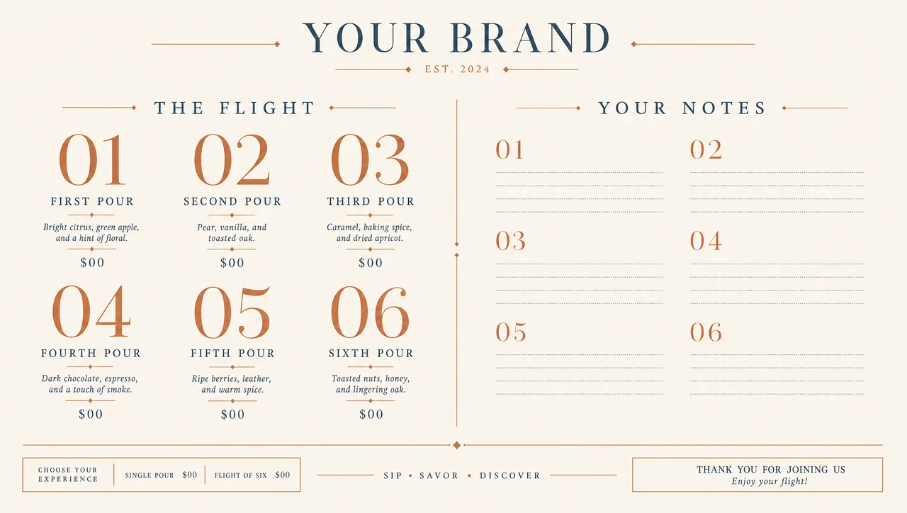 Beer flight template with a tasting note per pour.