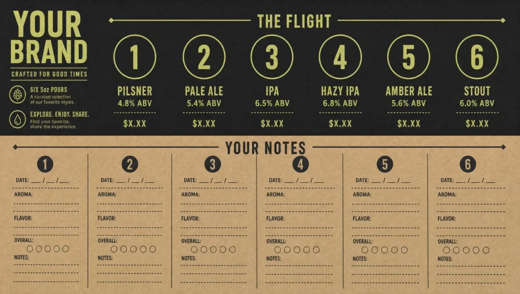 Beer flight cards template, full design view.