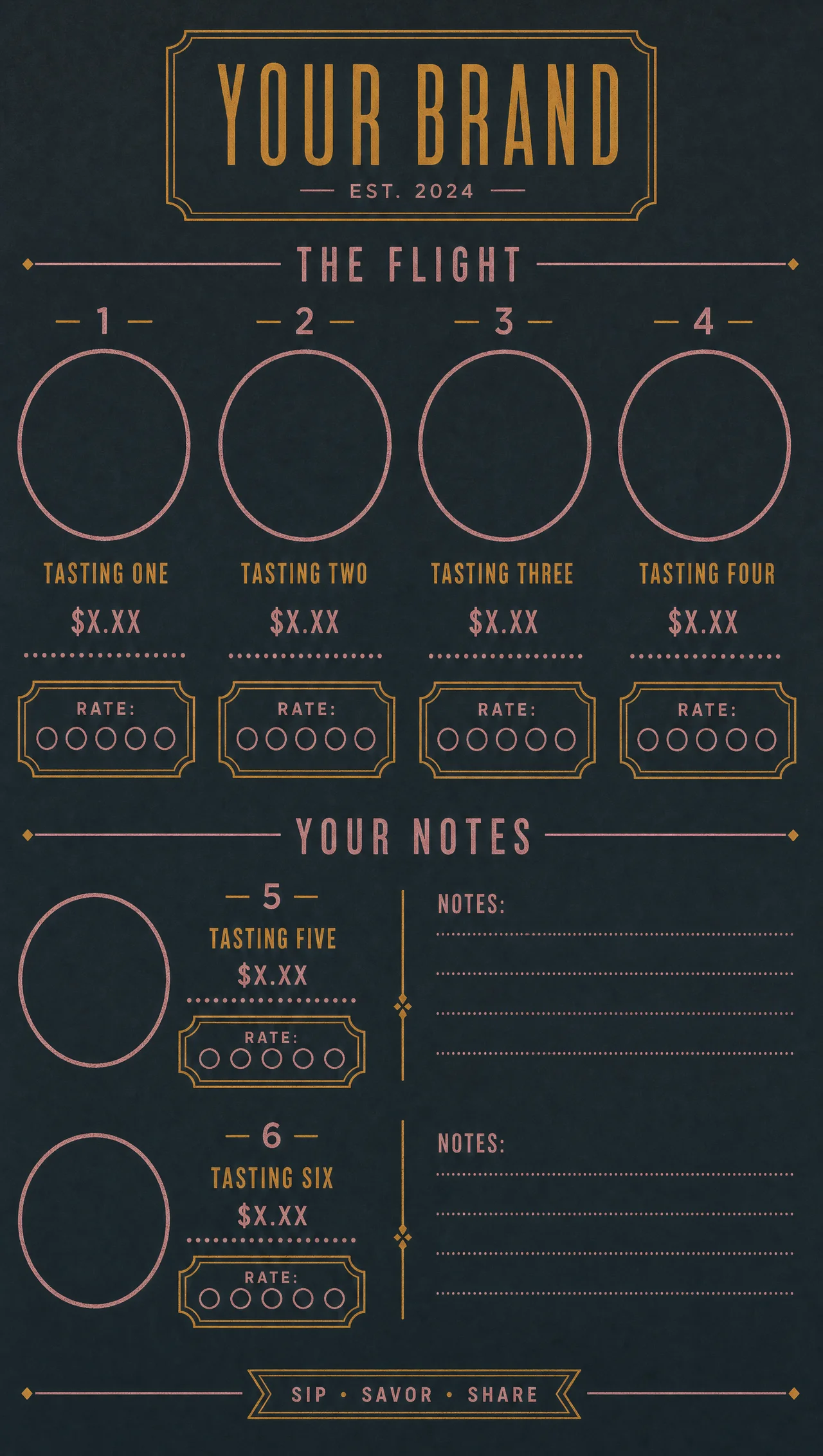 Beer tasting card with a scoring box under each pour.