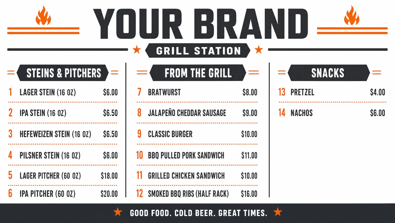 Beer garden food menu for a grill station.