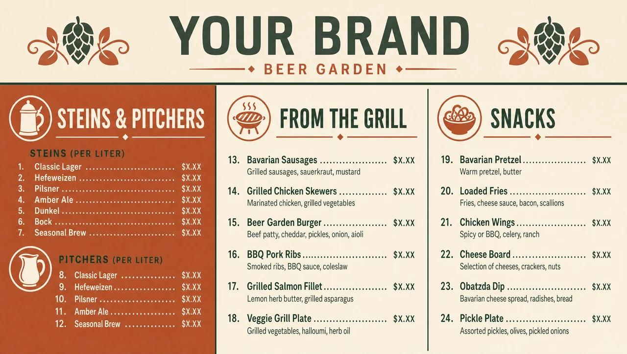 Beer garden menu pricing pitchers and steins side by side.