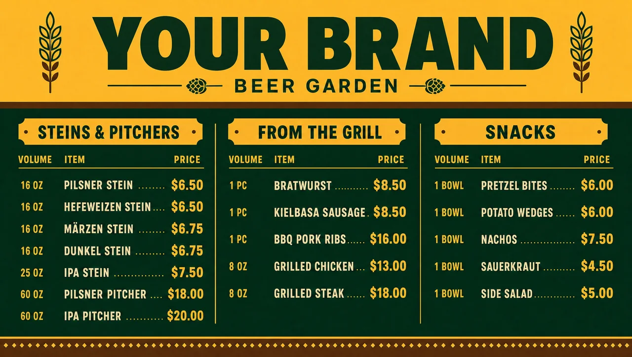 Beer garden menu template, full design view.