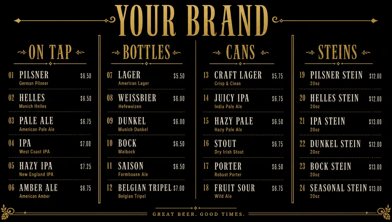 Beer hall menu with heavy serif and ruled columns.