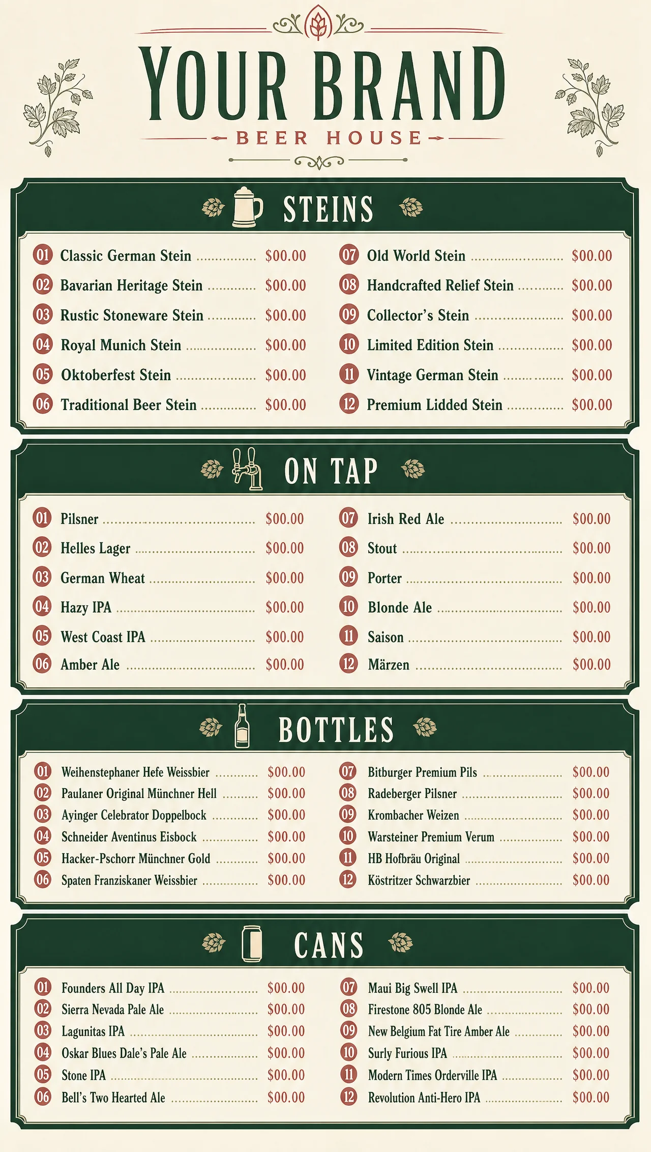 Beer house menu, vertical build led by the steins block.