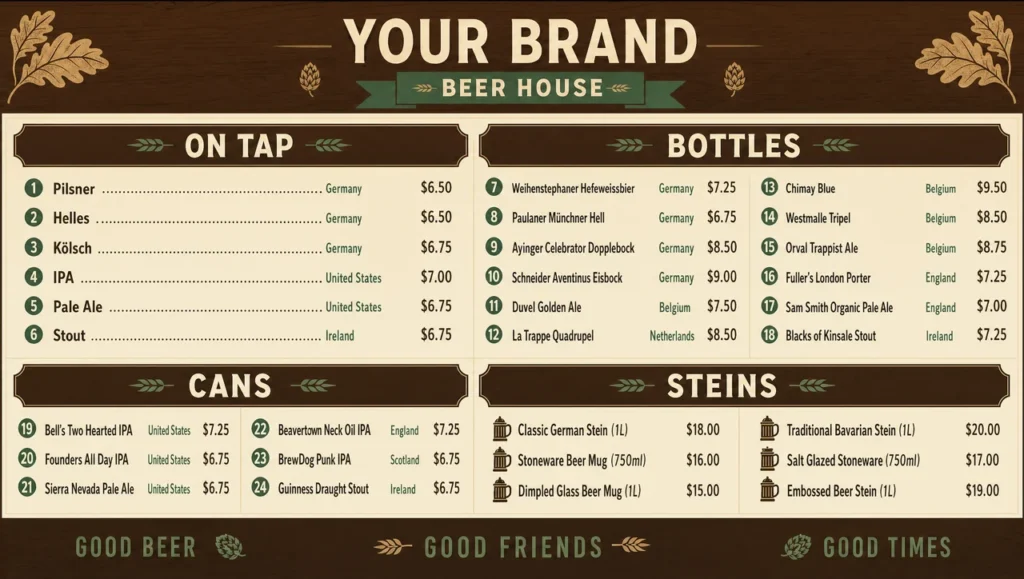 Beer house menu template, full design view.