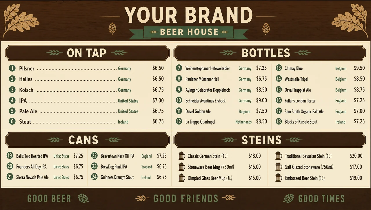 Beer house menu template, full design view.
