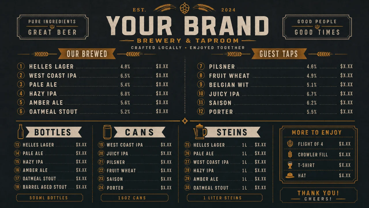 Brew house menu splitting house beer from guest beer.
