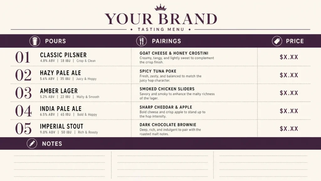 Beer tasting menu template, full design view.