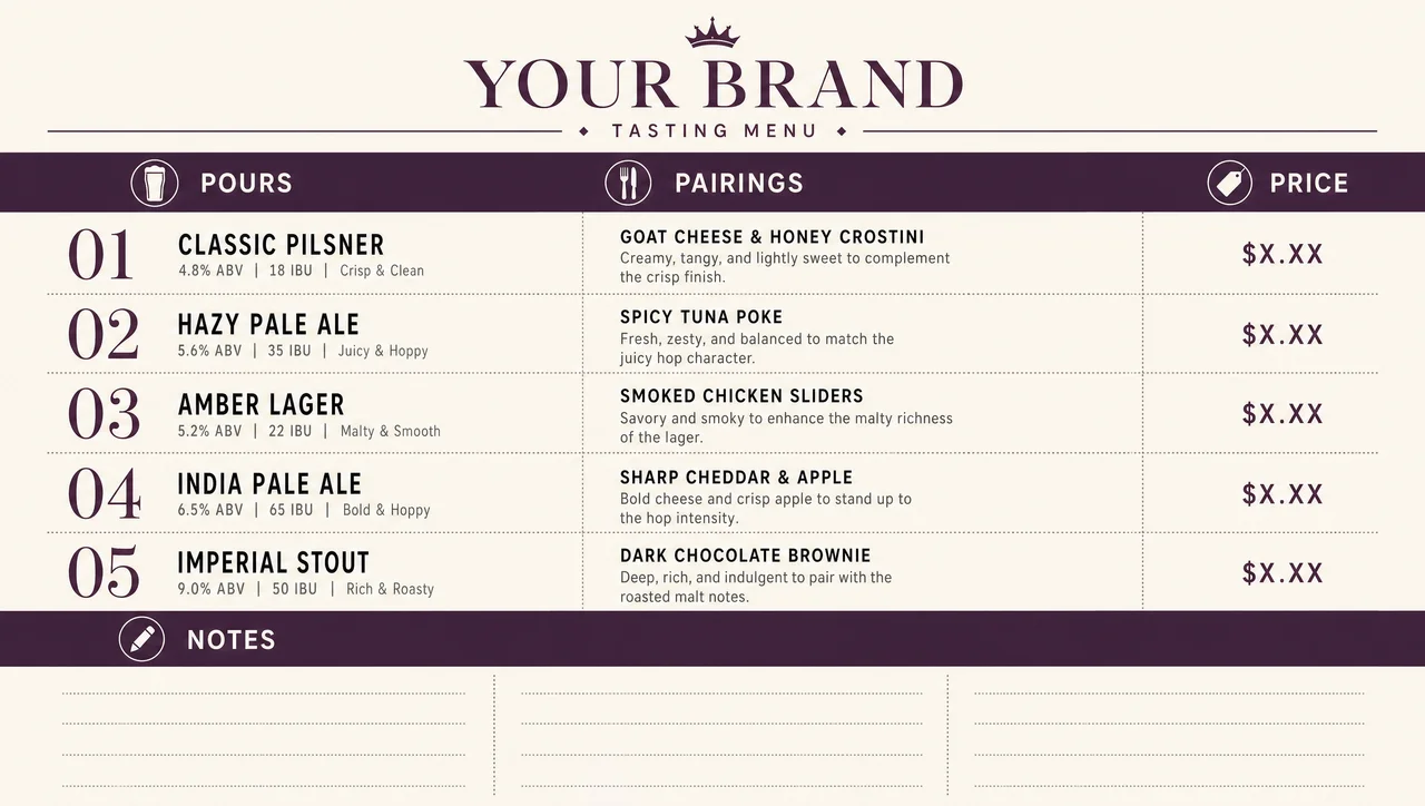 Beer tasting menu template, full design view.