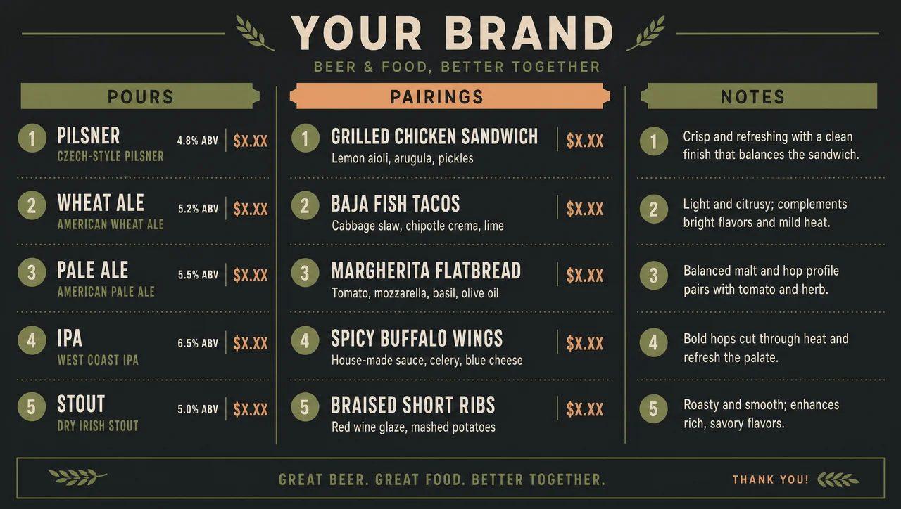 Beer and food pairing menu as two equal columns.